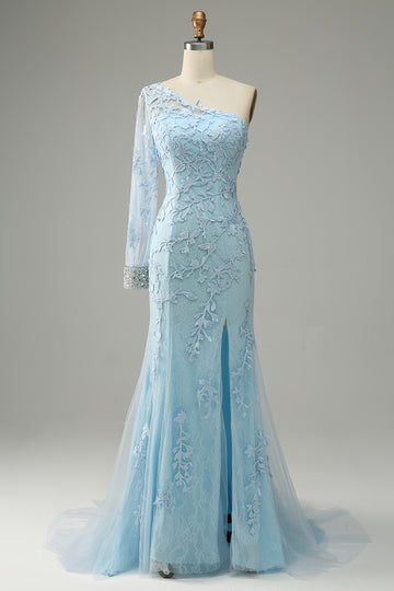 Azul Cielo Un Hombro Sirena Vestido de Fiesta Con Apliques